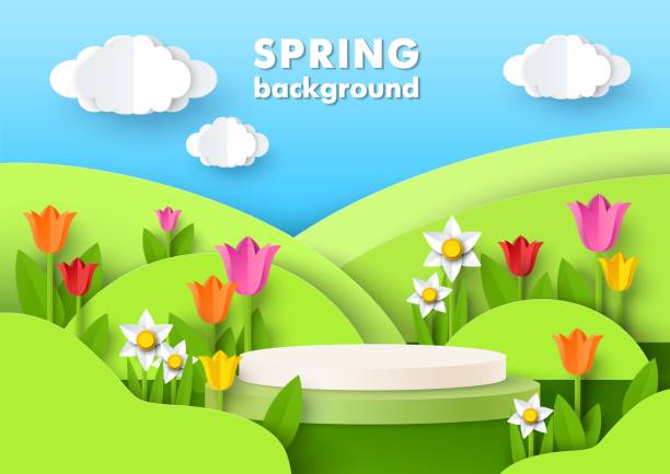 makieta podium wystawy produktów, wycięte papierem zielone łąki, kwiaty. tło sprężynowe, cokół, scena, ilustracja wektorowa - daffodil spring backgrounds sky stock illustrations