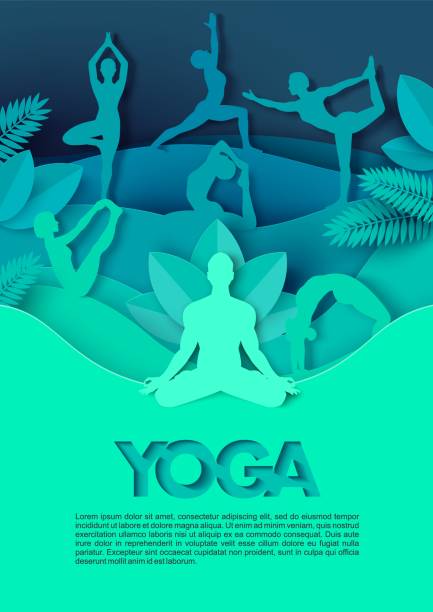 illustrazioni stock, clip art, cartoni animati e icone di tendenza di le silhouette delle persone fanno pose yoga, illustrazione vettoriale tagliata su carta. lezione di yoga, modello di poster in studio. - yoga