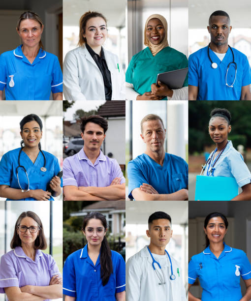 Caring Faces Within Health & Medicine Collage of mixed ethnic and age medical professionals in the North East. They are all dressed in uniform looking at the camera. synergy series stock pictures, royalty-free photos & images