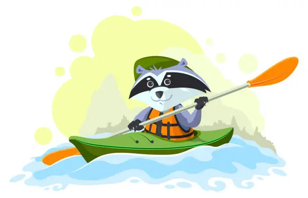 Vector illustration of Animal boy scout raccoon swim boat canoe vector cartoon