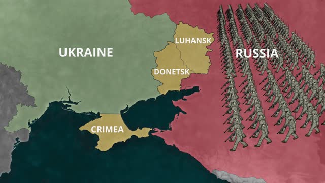 Russia Ukraine war concept map and army military troop 3D animation