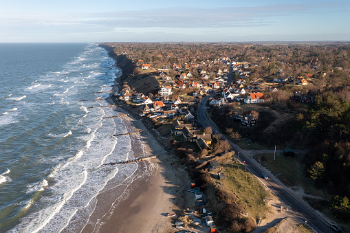 Tisvildeleje, Denmark - January 21, 2021: Aerial drone view of the village and the beach
