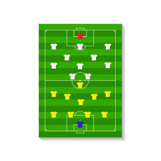 Vector illustration of Soccer team plan formation. Formation of football strategy on soccer field with lineup team. Game board with infographic and players. Tactic on match. Vector