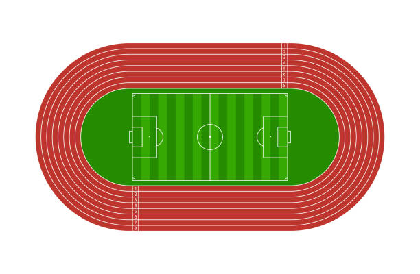 illustrazioni stock, clip art, cartoni animati e icone di tendenza di corri in pista. arena di calcio. stadio per calcio e runner con piste. campo o arena sportiva atletica per il gioco olimpico. autodromo con linea, 8 percorsi, partenza e arrivo. vettore - track and field athlete