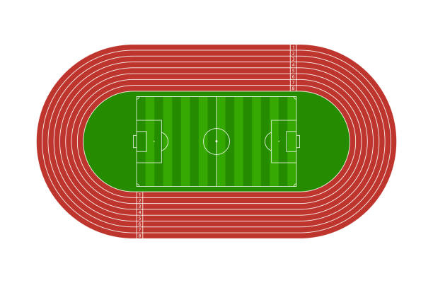 ilustrações de stock, clip art, desenhos animados e ícones de run track. football arena. stadium for soccer and runner with tracks. field or sport athletic arena for olympic game. racetrack with line, 8 pathways, start and finish. vector - running track