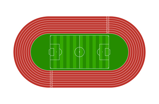 Run track. Football arena. Stadium for soccer and runner with tracks. Field or sport athletic arena for olympic game. Racetrack with line, 8 pathways, start and finish. Vector.