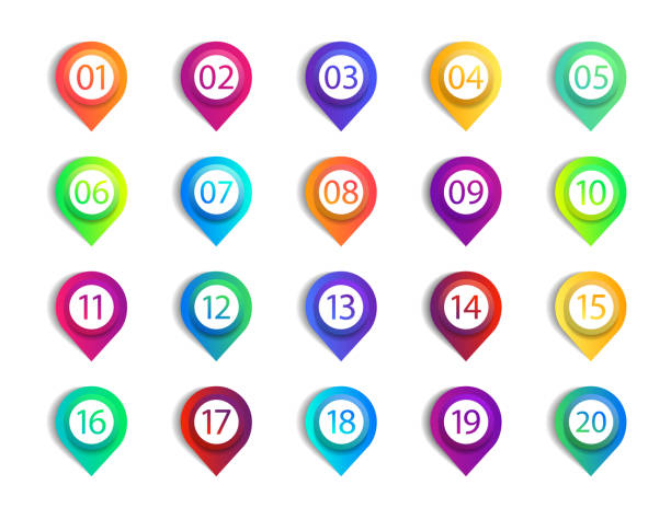 ilustrações de stock, clip art, desenhos animados e ícones de bullet points with numbers. infographic  for button. circle with arrow markers. infograph icon of steps from 1 to 20. list of colorful gradient pointers for promotion, business and interface. vector - twenty first