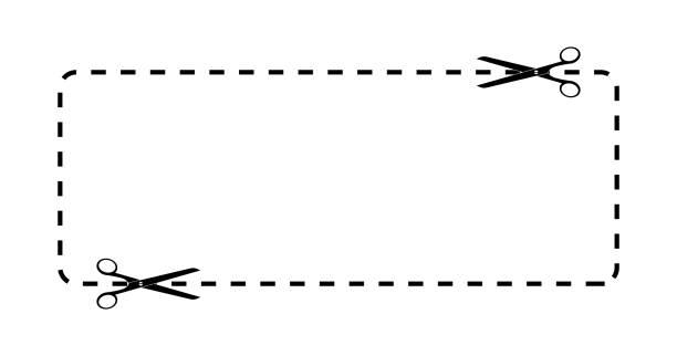 ilustraciones, imágenes clip art, dibujos animados e iconos de stock de cupón con línea cortada. tijeras con borde de línea de guión de cupón. forma de rectángulo. plantilla en blanco de cupón con recorte. icono de descuento de papel con marco sobre fondo blanco. vector - cupón