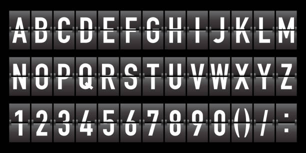 アルファベットと数字でフォントを反転します。空港のスコアボード内のテキストと時間のフリップフォント。飛行ボード。出発航空会社用のディスプレイパネル。機械的な時刻表。ベクト� - フリップチャート点のイラスト素材／クリップアート素材／マンガ素材／アイコン素材