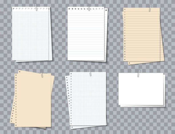 illustrazioni stock, clip art, cartoni animati e icone di tendenza di carta per memo pad. diversi fogli di notebook con clip. foglio di appunti con linee e griglia. pezzo di carta del blocco note per note, avvisi e testo. fogli realistici isolati su sfondo trasparente. vettore - adhesive note