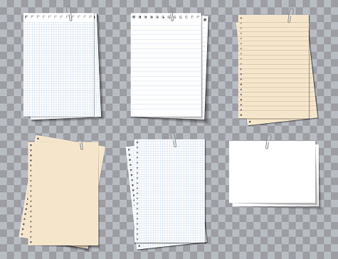 Memo pad paper. Different notebook sheets with clip. Notepaper with lines and grid. Piece of paper of notepad for note, notice and text. Realistic sheets isolated on transparent background. Vector.