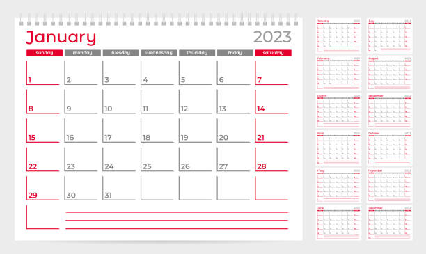 カレンダー 2023 プランナー テンプレート。週は日曜日に始まります。12ヶ月のセット。ベクトルの図 - day of the week点のイラスト素材／クリップアート素材／マンガ素材／アイコン素材