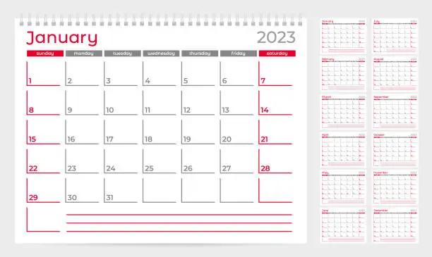 Vector illustration of Calendar 2023 planner template. Week Starts on Sunday. Set of 12 Months. Vector Illustration