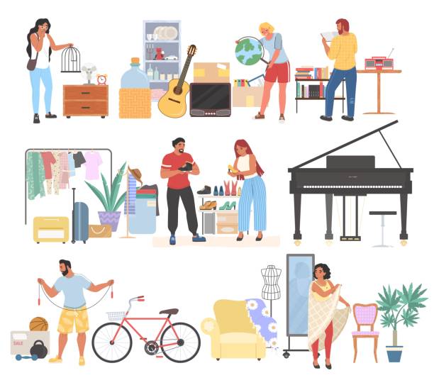 Garage sale of used home furniture, clothes, piano, guitar, books, dishes, sport items. Yard sale, flea market, vector. Garage sales set, flat vector isolated illustration. People buying used home furniture, household appliances, clothes, music instruments, books, dishes, sport items. Yard sale, flea market. book bookstore sale shopping stock illustrations