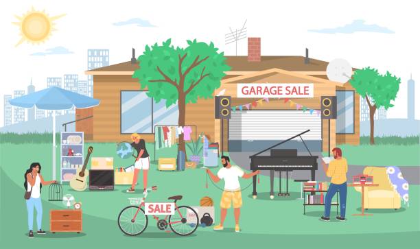 garagenverkauf von gebrauchten wohnmöbeln, kleidung, klavier, gitarre, büchern, geschirr, sportartikeln. hofverkauf, flohmarkt, vektor. - garage sale sale furniture shopping stock-grafiken, -clipart, -cartoons und -symbole