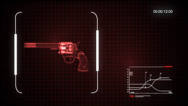 ilustração 3d do holograma de arma giratória abstrata em fundo escuro. - computer shooting handgun gun - fotografias e filmes do acervo