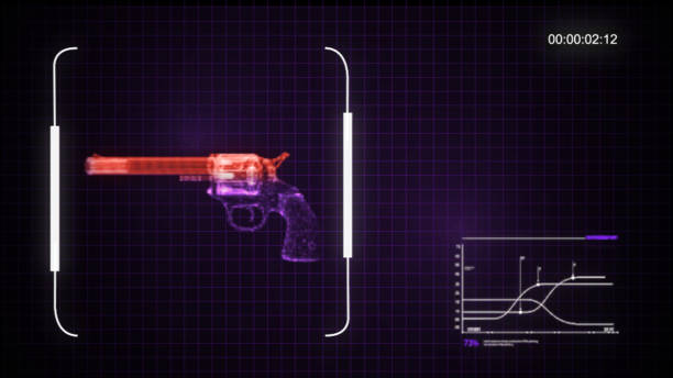 ilustração 3d do holograma de arma giratória abstrata em fundo escuro. - computer shooting handgun gun - fotografias e filmes do acervo