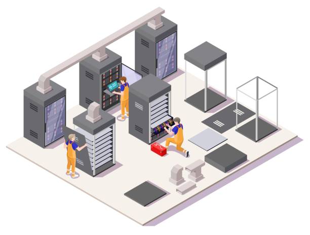 инженеры, устанавливающие серверы в дата-центре, векторная изометрическая иллюстрация. установка и настройка оборудования. - network server data center installing stock illustrations