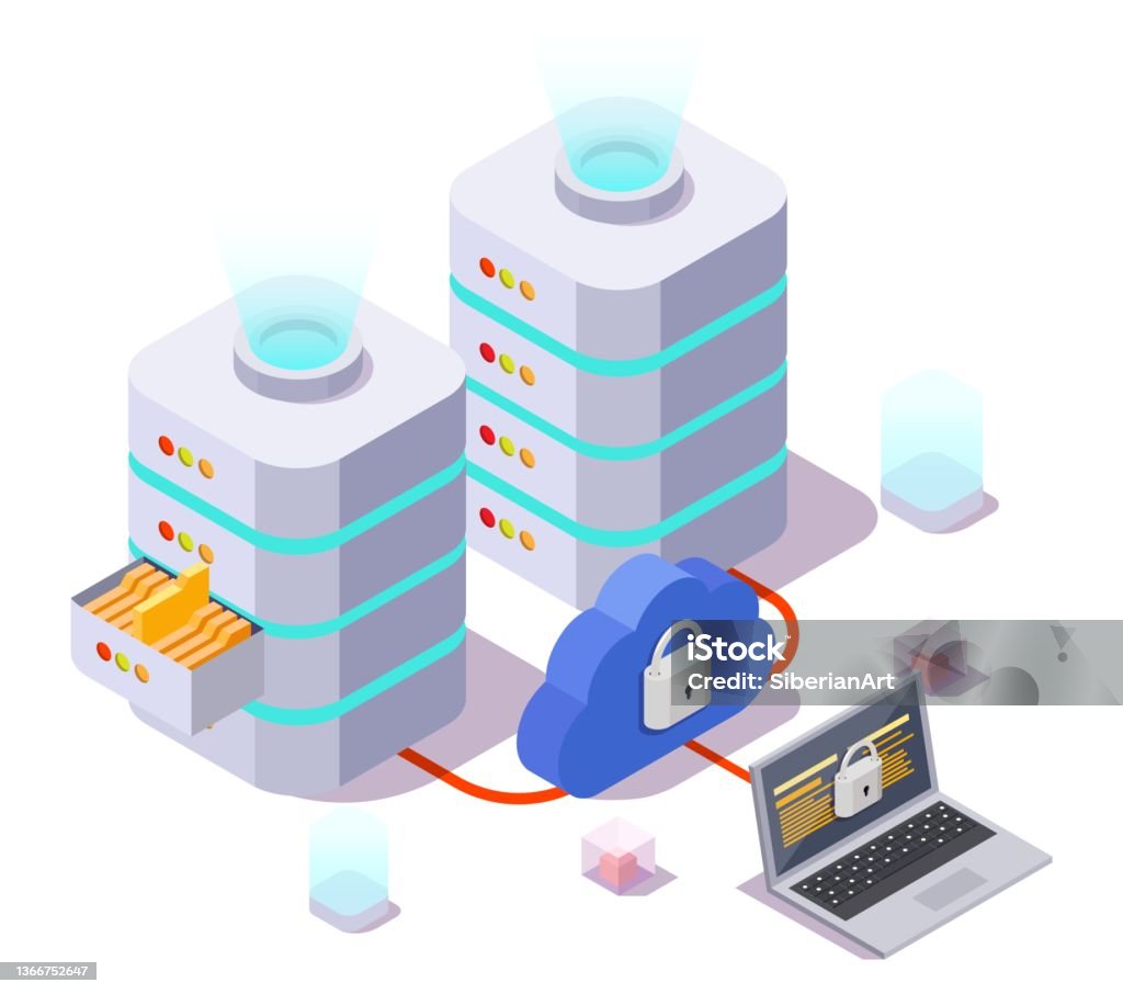 Virtual Server Rack On Screen Server Racks Laptop Computer And Cloud With Lock On Screen Vector ...