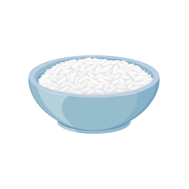 ilustraciones, imágenes clip art, dibujos animados e iconos de stock de arroz cocido en un tazón azul, aislado sobre blanco. - bowl