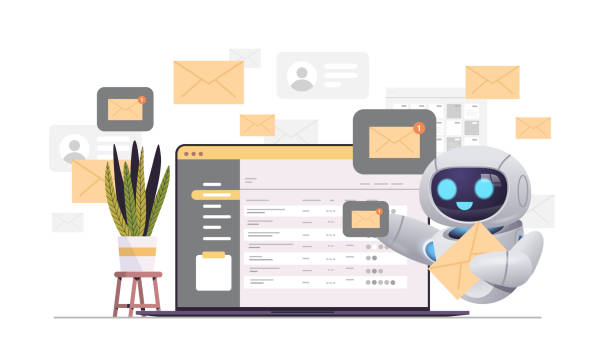 modern robot sending or receiving letters email inbox message notification artificial intelligence technology modern robot sending or receiving letters email inbox message notification artificial intelligence technology concept horizontal vector illustration e mail spam stock illustrations