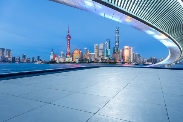 istock Panoramic skyline and modern buildings with empty floor in Shanghai 1366753732