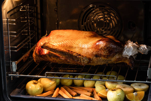 istock Festive Christmas goose with fried vegetables and fruit in the oven 1366753954