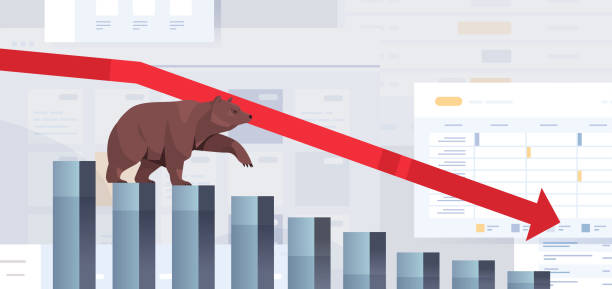 angry bear animal markttrend börse trading finance chart mit rotem abwärtspfeil verkaufskonzept - ganzkörperansicht grafiken stock-grafiken, -clipart, -cartoons und -symbole