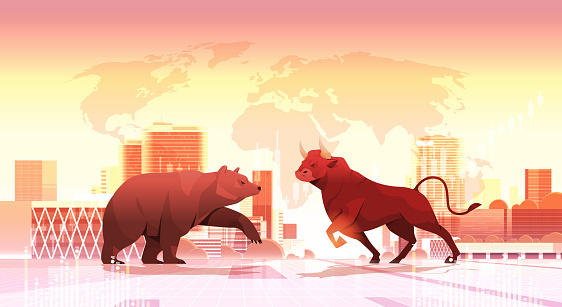 angry fighting bull and bear dangerous mammal animals market trend stock exchange trading concept horizontal sunset cityscape background vector illustration