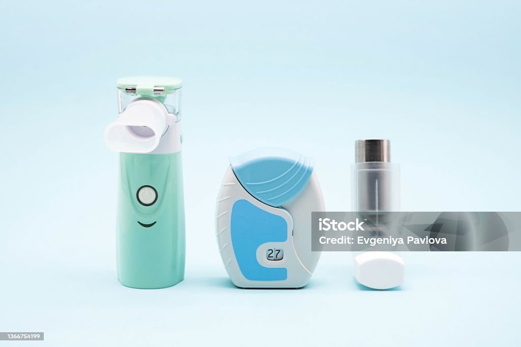 Different asthma inhalers. Aerosol for inhalation, treatment of bronchial asthma, COPD. Pharmaceutical product for treat lung inflammation and prevent asthma attack. Asthma Inhaler Stock Photo