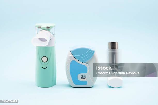 Different Asthma Inhalers Aerosol For Inhalation Treatment Of Bronchial Asthma Copd Pharmaceutical Product For Treat Lung Inflammation And Prevent Asthma Attack Stock Photo - Download Image Now