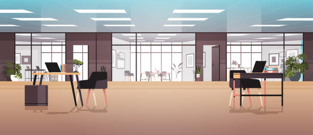 ilustrações de stock, clip art, desenhos animados e ícones de creative workplace modern cabinet empty no people office interior contemporary co-working center - modern office