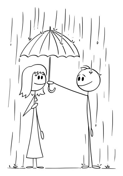 우산을 가진 공감 신사는 비에 여자를 도와, 벡터 만화 스틱 그림 일러스트 - protection umbrella people stick figure stock illustrations