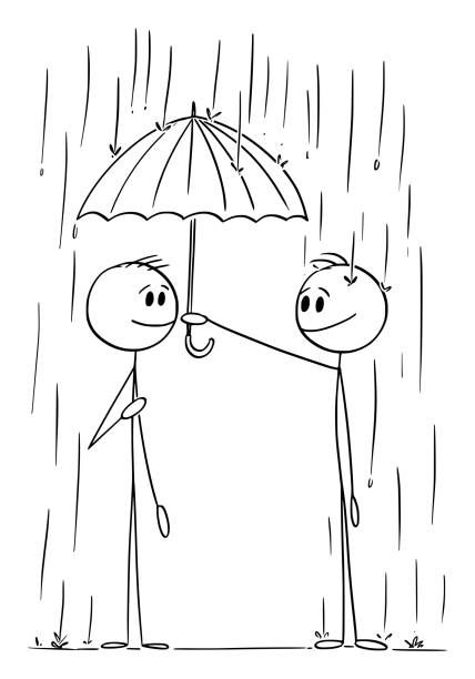 ilustrações de stock, clip art, desenhos animados e ícones de person helping man on rain offering his umbrella , vector cartoon stick figure illustration - protection umbrella people stick figure