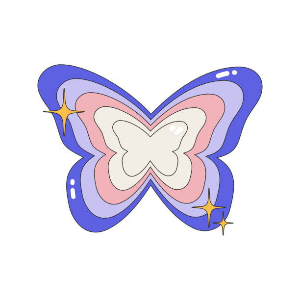 The icon of a colorful butterfly. Nostalgia for the 2000 years. Y2k style. Simple flat linear vector illustration of a butterfly isolated on a white background. The icon of a colorful butterfly. Nostalgia for the 2000 years. Y2k style. Simple flat linear vector illustration of a butterfly isolated on a white background. the millennium stock illustrations