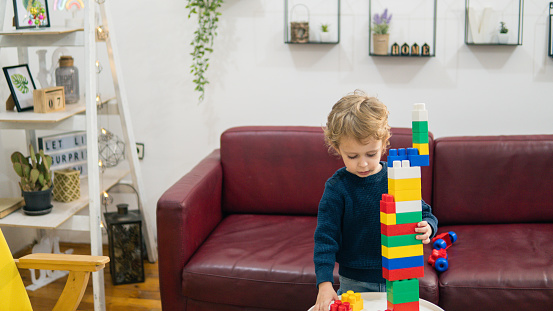 Beautiful toddler boy playing with construction blocks at home