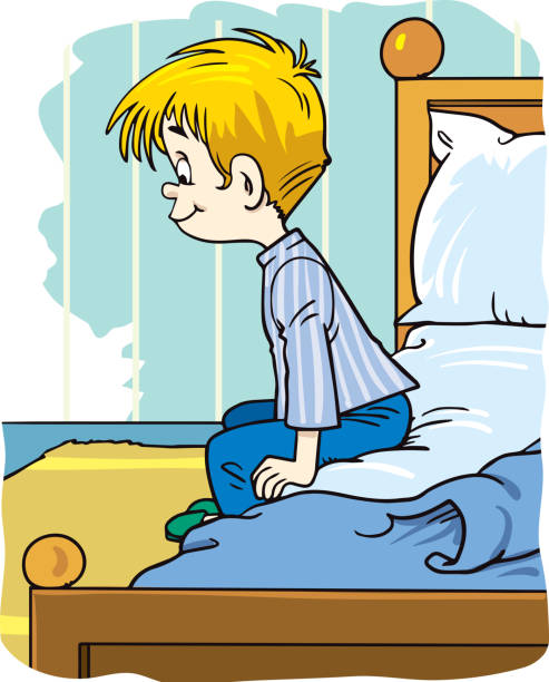 ilustrações de stock, clip art, desenhos animados e ícones de little kid boy wake up in the morning - wakening