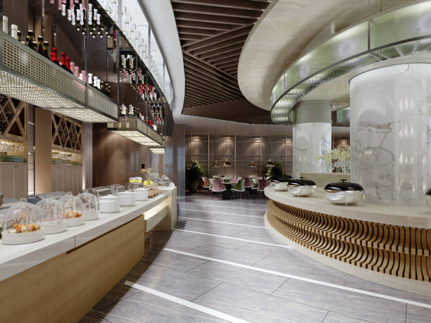 istock buffet restaurant design in a modern style with counters and different food on the tables. 1366756827