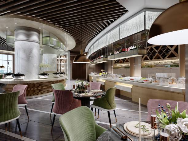 istock buffet restaurant design in a modern style with counters and different food on the tables. 1366756830