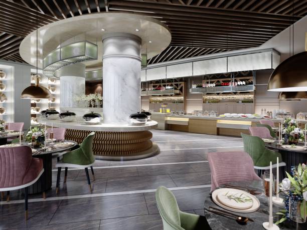 istock buffet restaurant design in a modern style with counters and different food on the tables. 1366756847