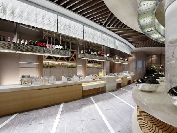 istock buffet restaurant design in a modern style with counters and different food on the tables. 1366756855