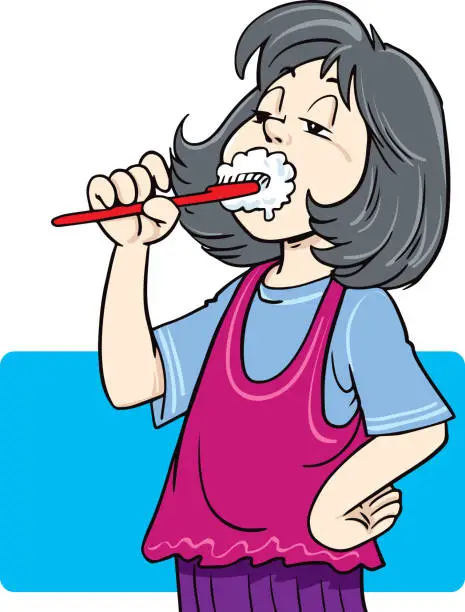 Vector illustration of Little  cute girl brushing her teeth.