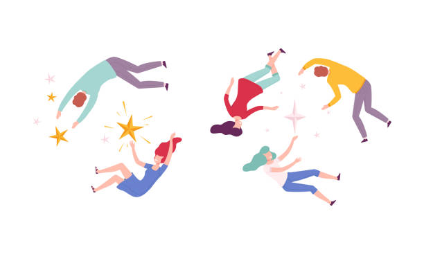 istock Group of Flying Man and Woman Floating in the Air Fantasizing Vector Set 1366759786
