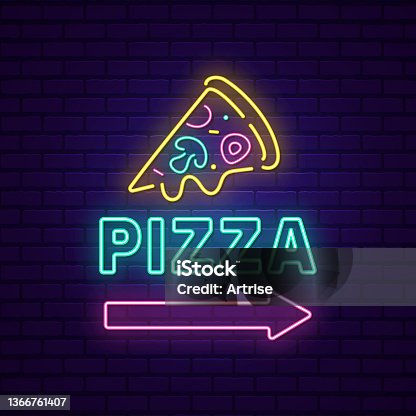 istock Pizza slice icon neon sign, bright glowing emblem 1366761407