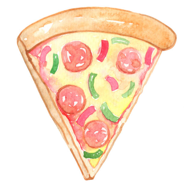 이탈리아 음식에 장식 피자 수채화 고립 된 그림의 조각. - pizza illustration and painting italian cuisine salami stock illustrations