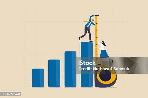istock Business benchmark measurement, KPI, key performance indicator to evaluate success, improvement or business growth concept, businessman and woman help using measuring tape to measure bar graph. 1366763960