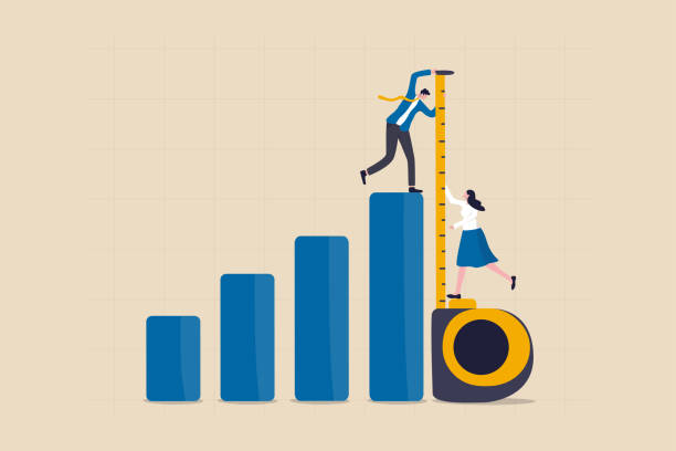 Business benchmark measurement, KPI, key performance indicator to evaluate success, improvement or business growth concept, businessman and woman help using measuring tape to measure bar graph. vector art illustration