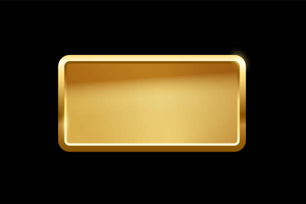 Gold rectangle button with frame, 3d golden glossy elegant design for empty emblem Gold recangle button with frame vector illustration. 3d golden glossy elegant design for empty emblem, medal or badge, shiny and gradient light effect on plate isolated on black background rectangle stock illustrations