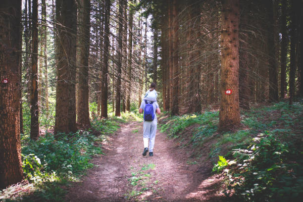 istock Father walks with his daughter in the forest 1366765220