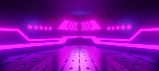 istock Empty Cyber Future Stage Corridor Laser Glowing with Dark Magenta Colors Alien Concept Used As Wallpaper 3D Illustration 1366765536